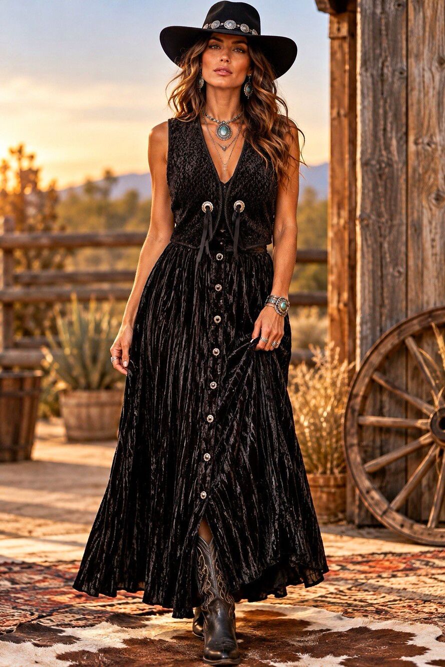 River Ridge Trading Company vintage  Black Velvet skirt vest set size PM/PL boho